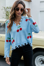 Cargar imagen en el visor de la galería, Cherry Pattern Frayed Trim V-Neck Sweater
