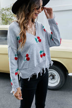 Cargar imagen en el visor de la galería, Cherry Pattern Frayed Trim V-Neck Sweater
