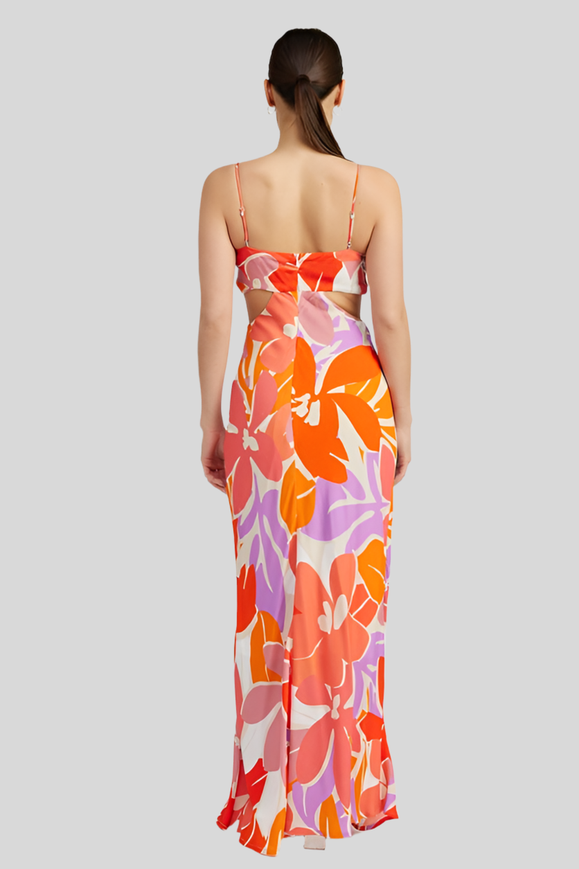 FLORAL CUT OUT MAXI DRESS WITH O RING DETAIL