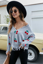 Cargar imagen en el visor de la galería, Cherry Pattern Frayed Trim V-Neck Sweater
