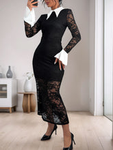 Cargar imagen en el visor de la galería, Pre-Order !! Leer abajo / Lace Contrast Collared Neck Long Sleeve Midi Dress
