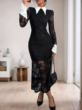 Cargar imagen en el visor de la galería, Pre-Order !! Leer abajo / Lace Contrast Collared Neck Long Sleeve Midi Dress
