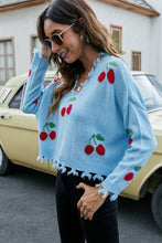 Cargar imagen en el visor de la galería, Cherry Pattern Frayed Trim V-Neck Sweater
