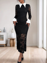 Cargar imagen en el visor de la galería, Pre-Order !! Leer abajo / Lace Contrast Collared Neck Long Sleeve Midi Dress
