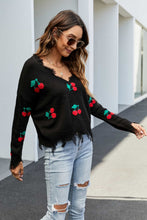 Cargar imagen en el visor de la galería, Cherry Pattern Frayed Trim V-Neck Sweater
