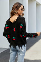 Cargar imagen en el visor de la galería, Cherry Pattern Frayed Trim V-Neck Sweater
