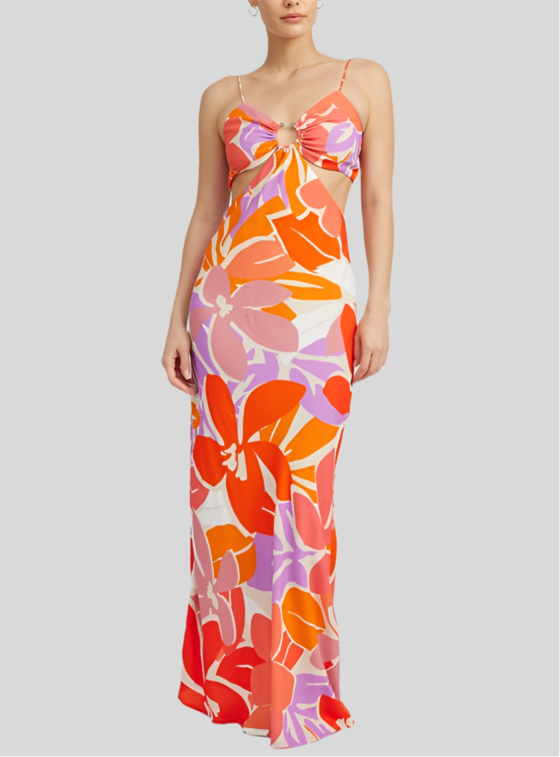 FLORAL CUT OUT MAXI DRESS WITH O RING DETAIL