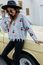 Cargar imagen en el visor de la galería, Cherry Pattern Frayed Trim V-Neck Sweater
